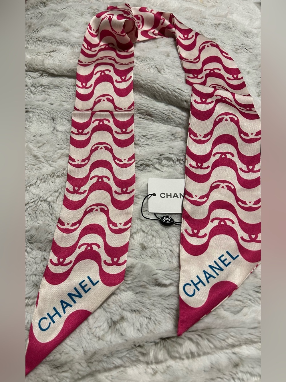 Double C Pink and Cream Silk Twilly with Blue Logo